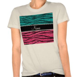 Personalized name turquoise pink glitter zebra tshirt