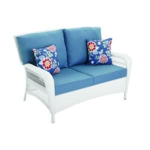 Martha Stewart Living Charlottetown White All Weather Wicker Patio Loveseat with Washed Blue Cushion 65 619556/3