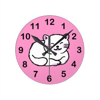 cute fluffy white & pink cat cartoon wall clock