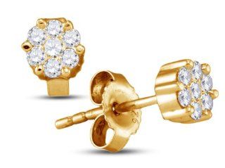 Yellow Gold Plated 925 Sterling Silver Round Brilliant Cut Diamond   Flower Shape Invisible & Channel Set Studs Earrings with Secure Push Back Closure   (1/4 cttw.) Jewelry