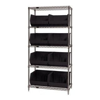 Quantum Storage Systems WR5 270BK 5 Tier Complete Wire Shelving System with 8 QUS270 Black Giant Open Hopper Bins, Chrome Finish, 18" Width x 36" Length x 74" Height