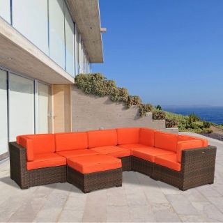Clearwater 7 Piece Wicker Patio Sectional Seating Furniture Set   Orange