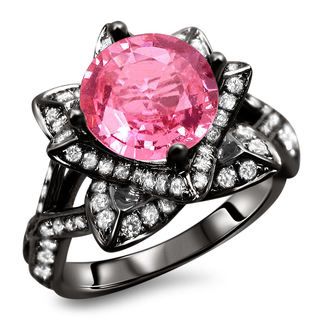 14k Black Gold 2 1/4ct Certified Round Pink Sapphire and Diamond Lotus Flower Ring (G H, SI1 SI2) Diamond Rings