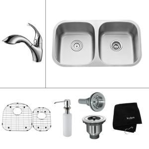 KRAUS All in One Undermount Stainless Steel 32x18x11 0 Hole Double Bowl Kitchen Sink with Chrome Accessory KBU22 KPF2210 KSD30CH