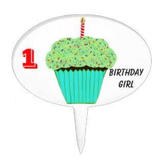Green Cupcake with Candle Birthday Girl Cake Pick