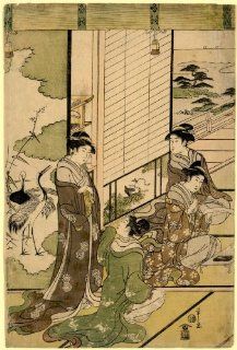1791 Japanese Print . Four women composing poetry, possibly as a competition, next to a screen with painting of cranes  