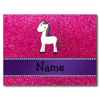 Personalized name unicorn pink glitter post cards