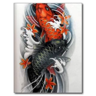 red black gold Japanese Koi Fish tattoo Postcards