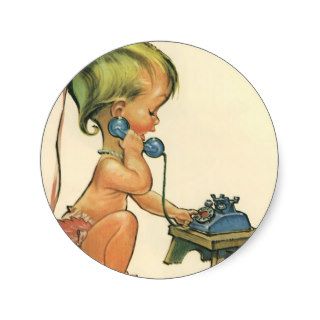 Vintage Child Cute Blond Girl Talking on Toy Phone Round Stickers