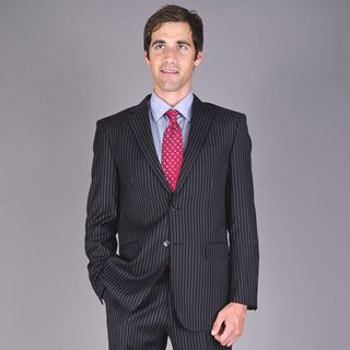 Men's Black Striped Two Button 100 Percent Virgin Wool Suit Suits