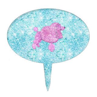 Girly Pink Poodle Dog, teal blue glitter photo Cake Toppers