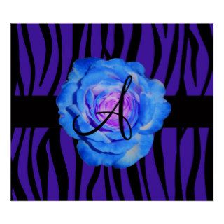 Blue rose monogram purple zebra stripes pattern poster