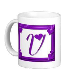 Purple Hearts Frame Monogram Letter V Coffee Mugs