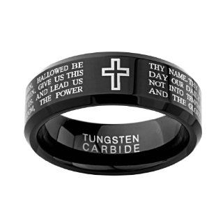 8mm Beveled Black Lord's Prayer Engraved with Cross Praying Men's Cobalt Free Tungsten Carbide COMFORT FIT Wedding Band Ring (Size 8 to 13)   Size 11 The World Jewelry Center Jewelry