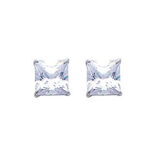 14K White Gold 6 mm Princess Solitaire Basket CZ Cubic Zirconia Stud Earrings with Silicone back Jewelry