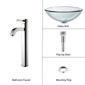 KRAUS 19mm thick Glass Bathroom Sink in Clear with Single Hole 1 Handle Low Arc Ramus Faucet in Chrome C GV 101 19mm 1007CH