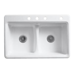 KOHLER Deerfield Smart Divide Self Rimming Cast Iron 33x22x9.625 4 Hole Kitchen Sink in White K 5838 4 0