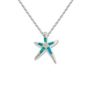 Sterling Silver Blue Opal Flat Starfish Pendant with Chain Jewelry