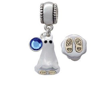 3 D Silver Ghost with Black Crystals Charm Bead with Sapphire Crystal Dangle Jewelry