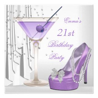 21st Birthday Party White Lilac Martini Pearl Shoe Custom Announcements