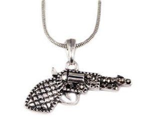 3 x Wholesale Lot Silver Tone Crystal Embellished Revolver Gun Charm Pendant 16" Necklace Fashion Jewelry NK2719BK Jewelry
