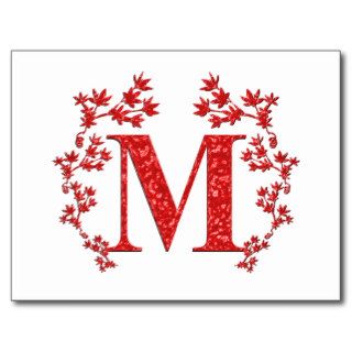Monogram Letter M Red Leaves Postcard