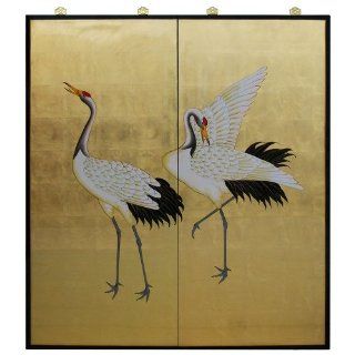 Oriental Wall Plaque   Gold Leaf Dancing Cranes (2 Panels)   Decorative Plaques