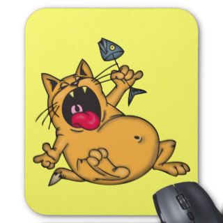 Cartoon Cat Eating Fish Mouse Pad
