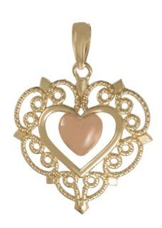 14k Gold Fashion Necklace Charm Pendant, Heart With Lace Trim & Pink Heart Cente Million Charms Jewelry