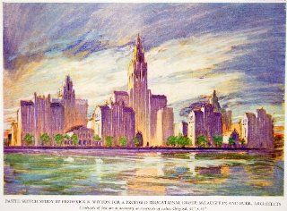 1943 Color Print Sketch Study Cityscape Skyline River Building Frederick Witton   Original Color Print  