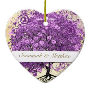 Radiant Purple Romantic Heart Leaf Wedding Christmas Ornaments