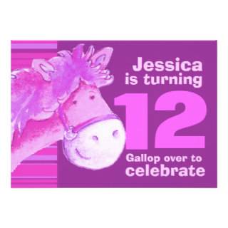 Kids pony treking 12 birthday purple pink invite 