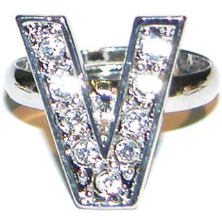 5/8" Crystal Initial V Ring   Jojo Got Hers Here In Crystal with Silver Finish Jewelry