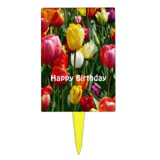 Tulips Multicolored   Happy Birthday Rectangle Cake Topper