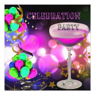 Birthday Party Celebration Colorful Pink Champagne Invites
