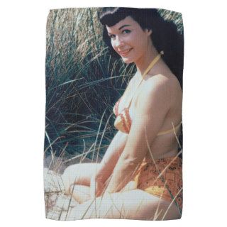 Bettie Page Vintage Pinup in Orange Bikini Dunes Kitchen Towel