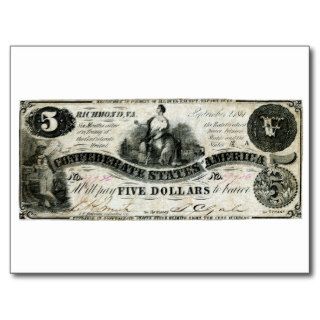 1861 Confederate Five Dollar Note Postcards
