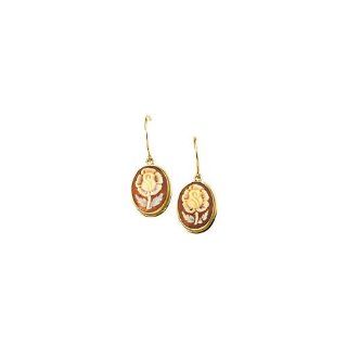 14K Yellow Gold   Genuine Carnelian Shell Cameo Flower Earrings Dangle Earrings Jewelry