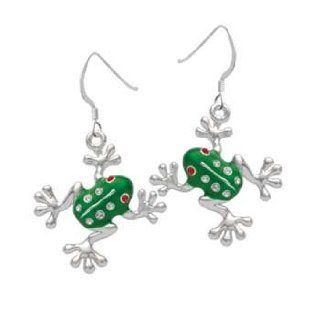 Green Frog with Crystals Silver French Charm Earrings Delight & Co. Jewelry