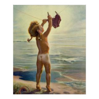 Vintage Cute Child Hanging Laundry at the Beach Posters