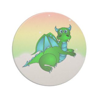 Cute Green Dragon Flying in Clouds Beverage Coasters