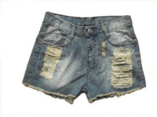 Lionstill Women's Vintage High Waist Flange Hole Denim Shorts Clothing
