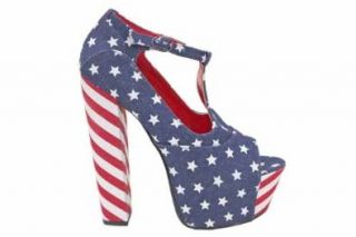 F1656Nvy Womens Stars & Stripes American Flag Platform Heelsus10 Shoes