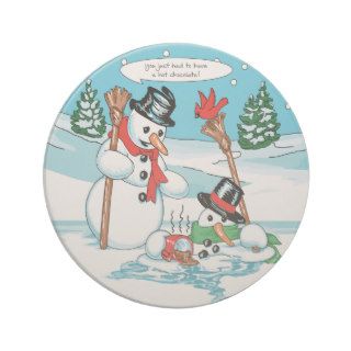 Funny Snowman with Hot Chocolate Cartoon Coaster