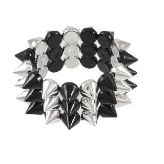Stud Rivet Detailing 3 Row Elastic Bracelet Bangle Wristband Silver Tone Black Stretch Bracelets Jewelry
