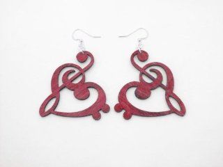 Cherry Red Treble and Bass Clef Heart Wooden Earrings StealStreet Jewelry