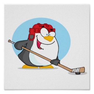 Happy Penguin Playing Ice Hockey Print