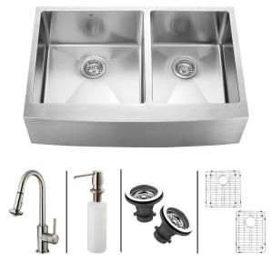 Vigo All in One Farmhouse Apron Front Stainless Steel 33x22.25x10 0 Hole Double Bowl Kitchen Sink VG15099