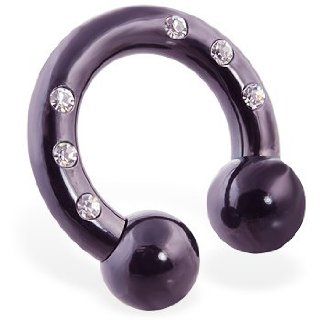 Black Titanium Circular (Horseshoe) Barbell With CZ Gems, 4 Ga Jewelry