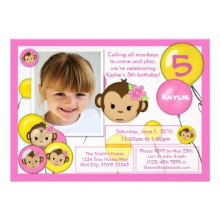 Monkey birthday invitation pink yellow (photo)